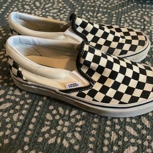 vans checkerboard slip ons black and off white. Men’s 5 / women’s 6.5
